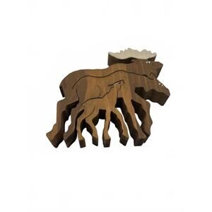 Moose Family Wooden Art Puzzle Handmade Collectible Interlocking Wood